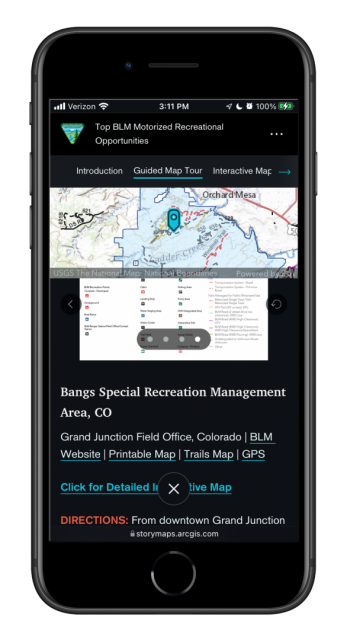 A mockup of a smartphone screen showing the BLM Motorized Recreation options story in action A mockup of a smartphone screen showing the BLM Motorized Recreation options story in action