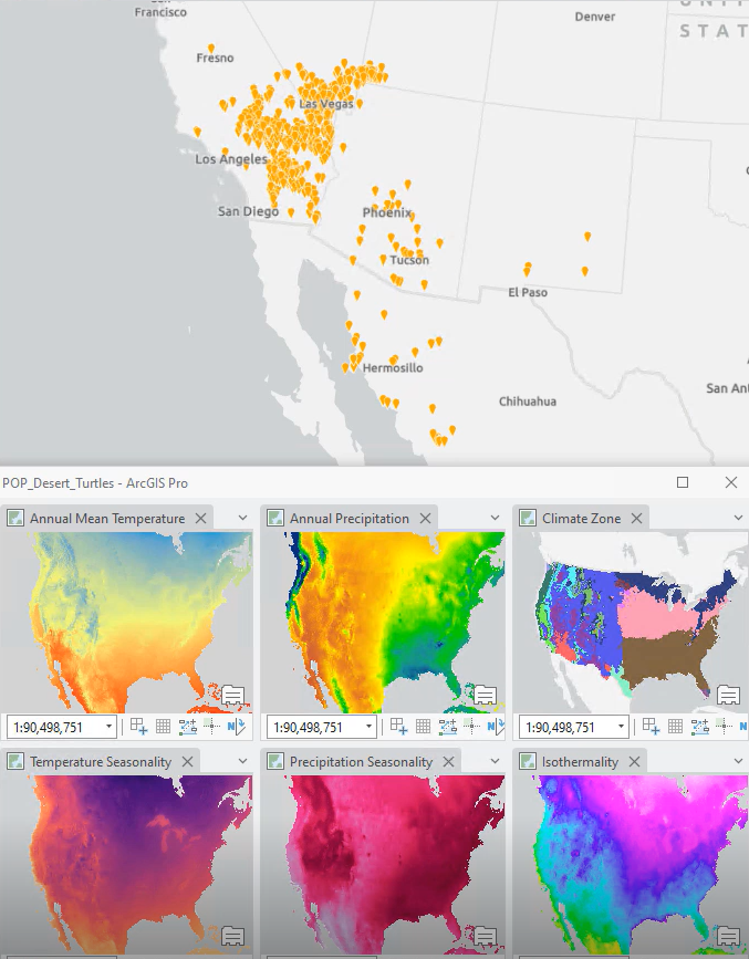 Map of known gopher tortoise locations in a subset of the southwest US (top) and the various explanatory variables.