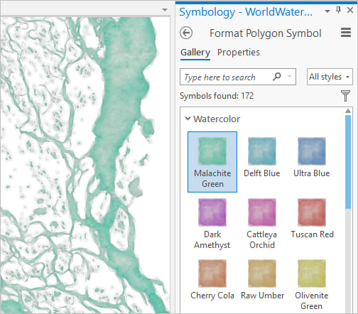 Malachite Green selected in the Symbology pane, Gallery tab, Watercolor style