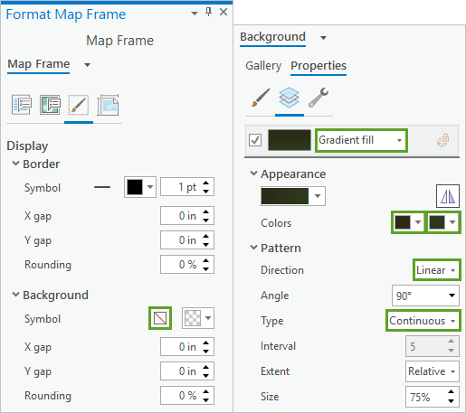 Background Symbol button in the Format Map Frame pane and symbol properties for a dark green gradient fill