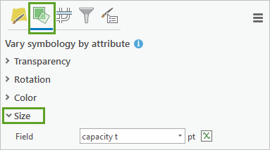 Size section under Vary symbology by attribute Size section under Vary symbology by attribute