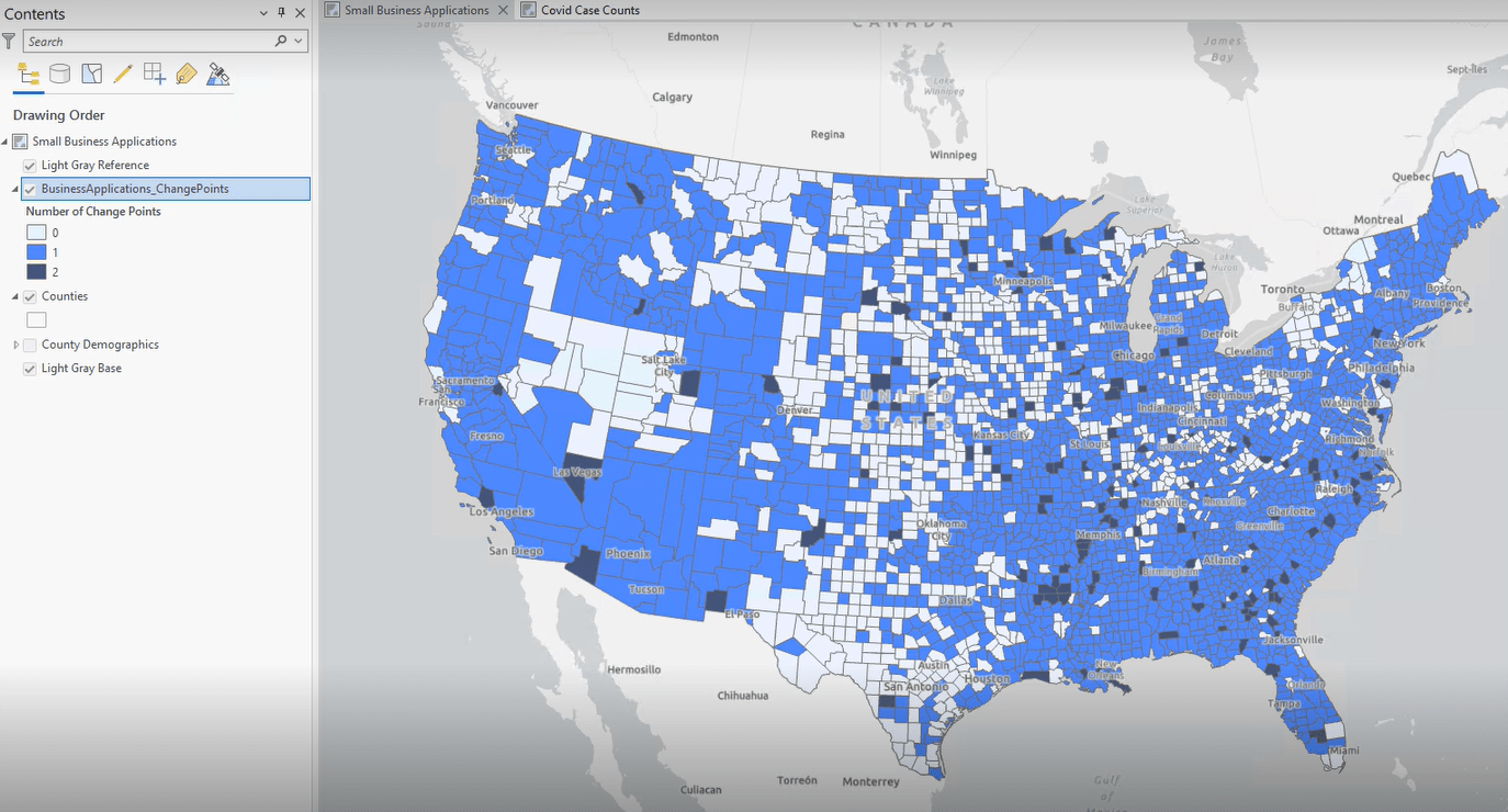 The Change Point Detection tool detected either 0, 1, or 2 change points across all counties.