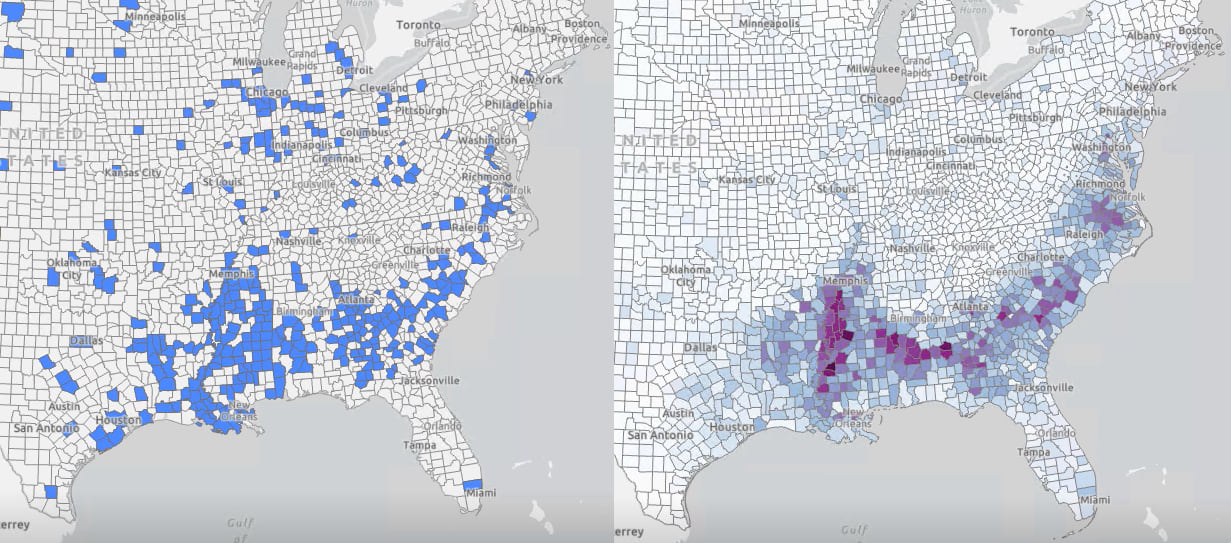 Counties that experienced an increase in small business loan applications (left) and the percent of the population that identifies as Black or African American (not Hispanic or Latino).