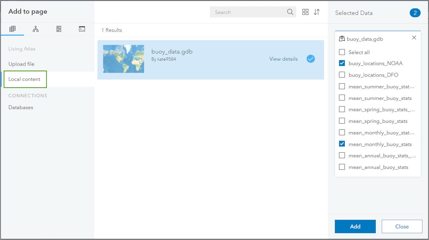 ArcGIS Insights Add to page dialogue with datasets from step 11 selected