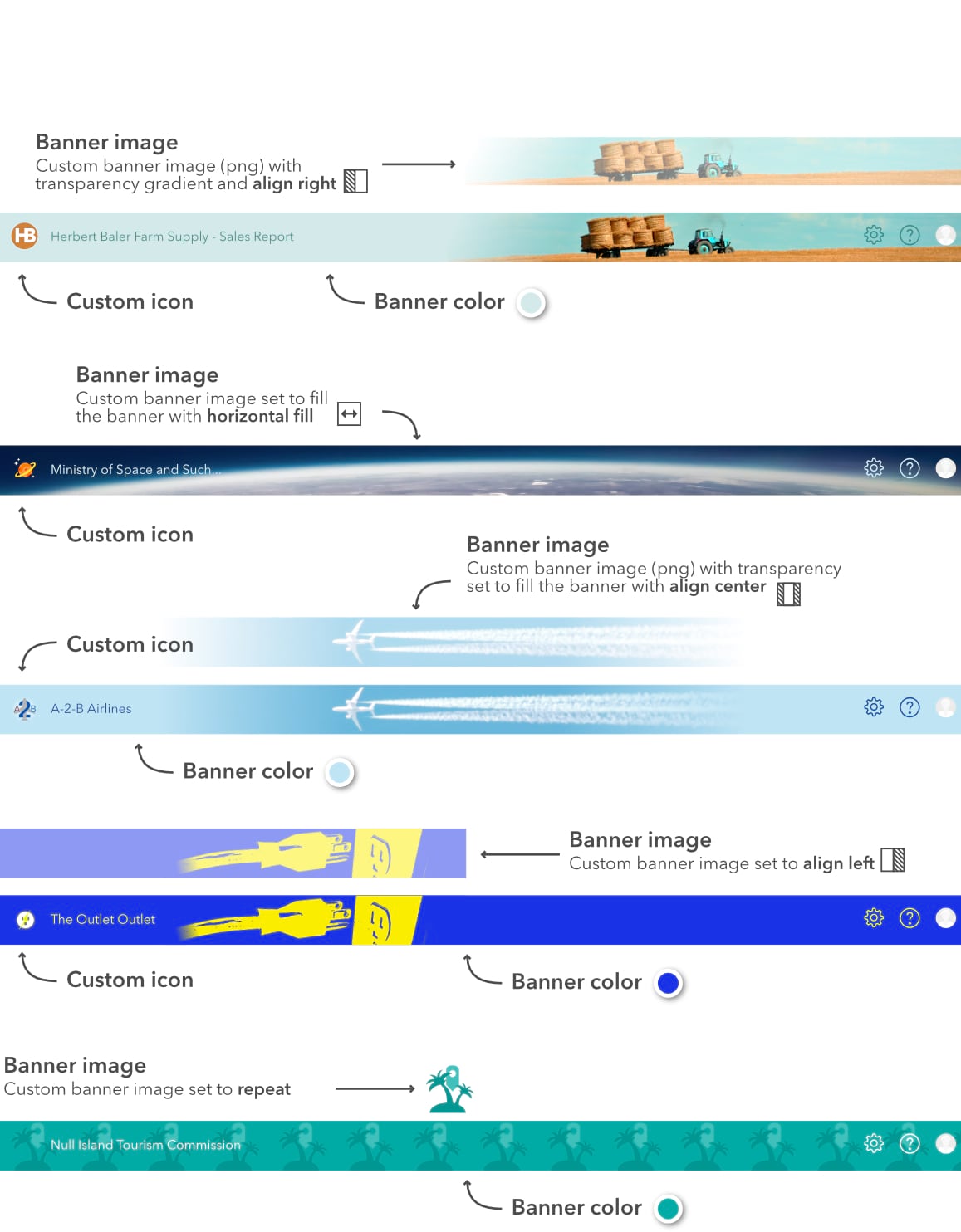 Image illustrating sample workbook banner configurations. Image illustrating sample workbook banner configurations.