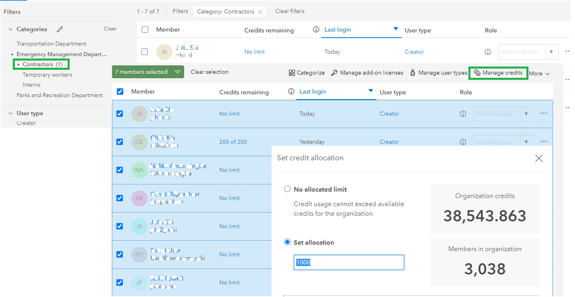 Select all members from the member category to do bulk member management task, for example, manage credits