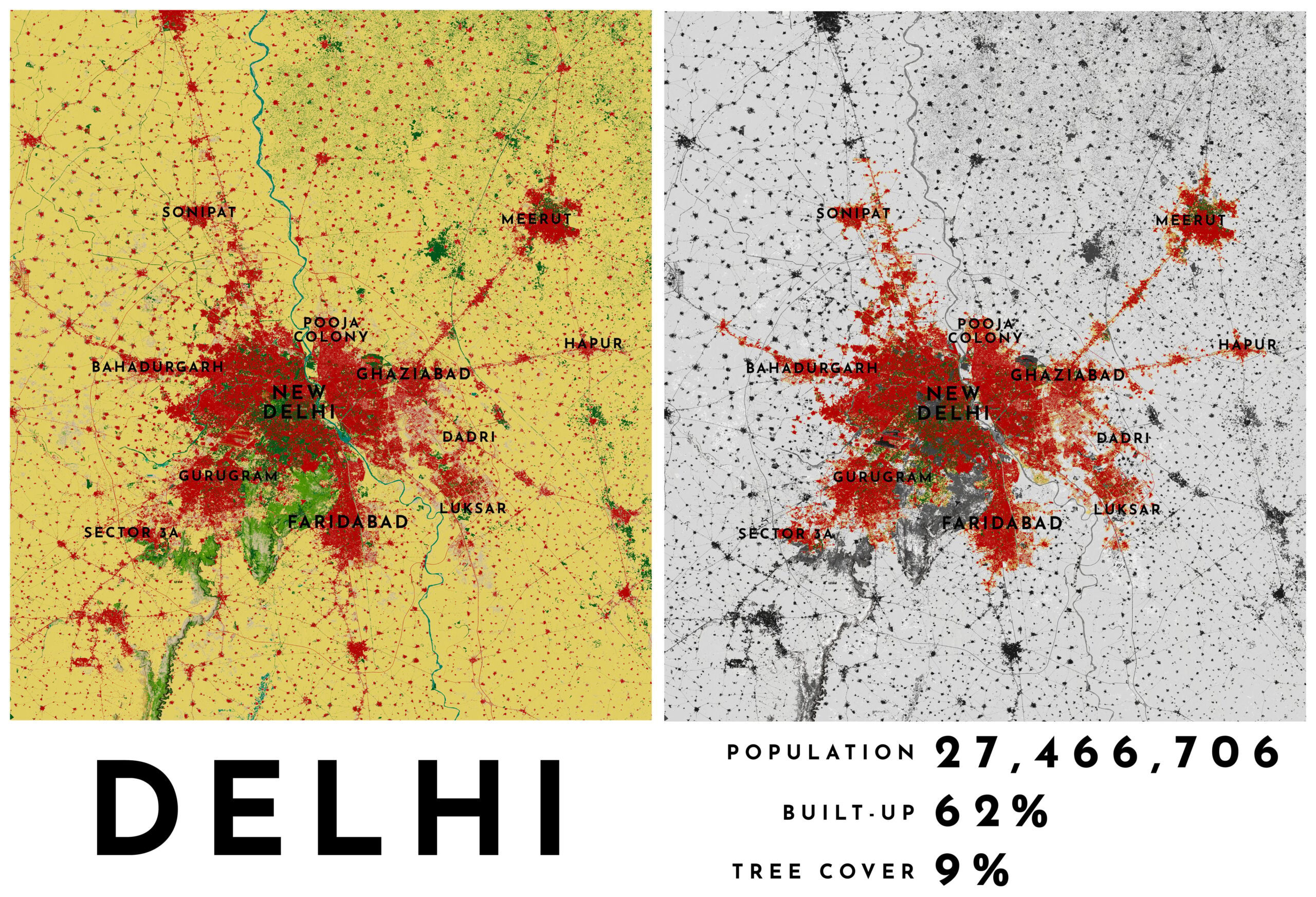 Map showing the city with results of population, built-up, and tree cover. Map showing the city with results of population, built-up, and tree cover.