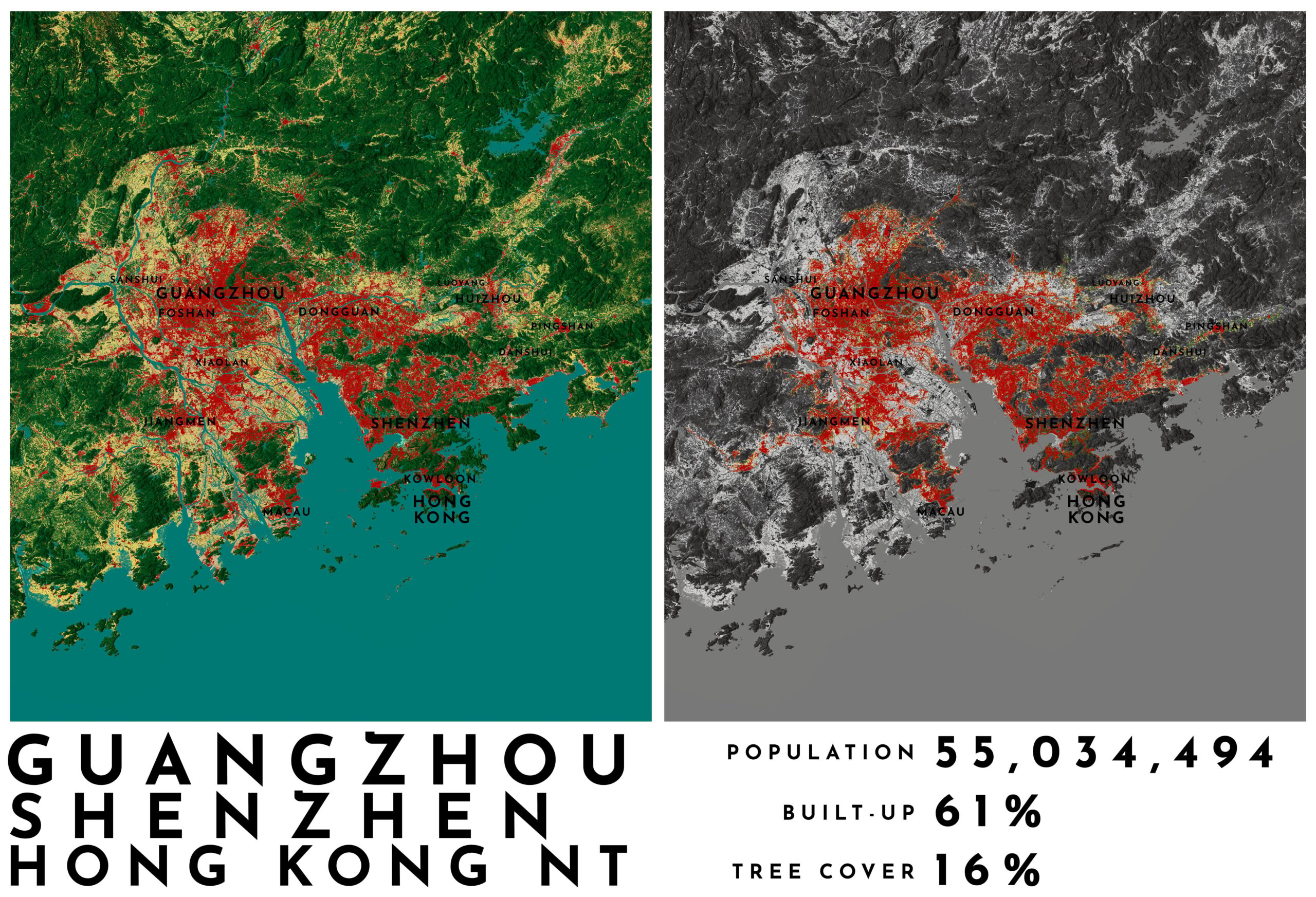 Map showing the city with results of population, built-up, and tree cover. Map showing the city with results of population, built-up, and tree cover.