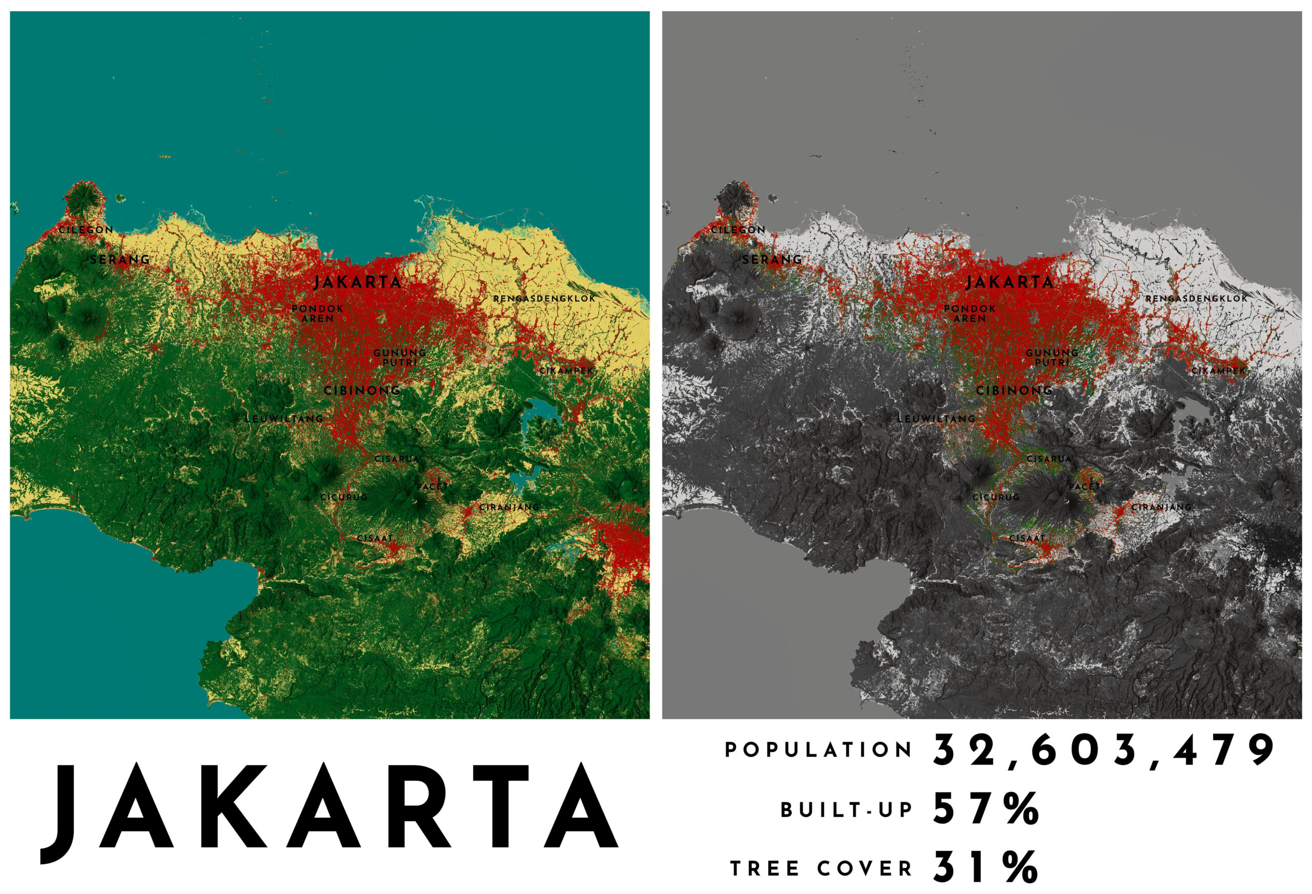 Map showing the city with results of population, built-up, and tree cover. Map showing the city with results of population, built-up, and tree cover.