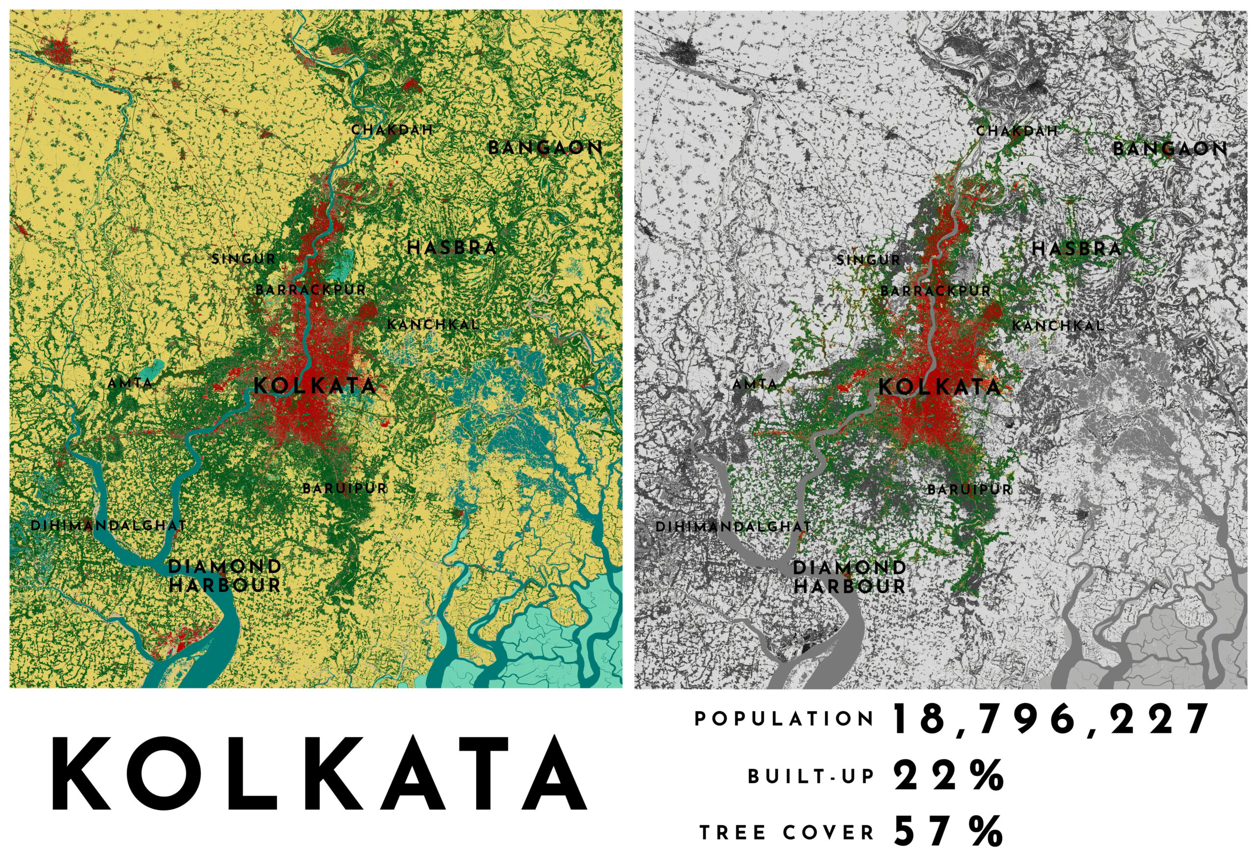 Map showing the city with results of population, built-up, and tree cover. Map showing the city with results of population, built-up, and tree cover.