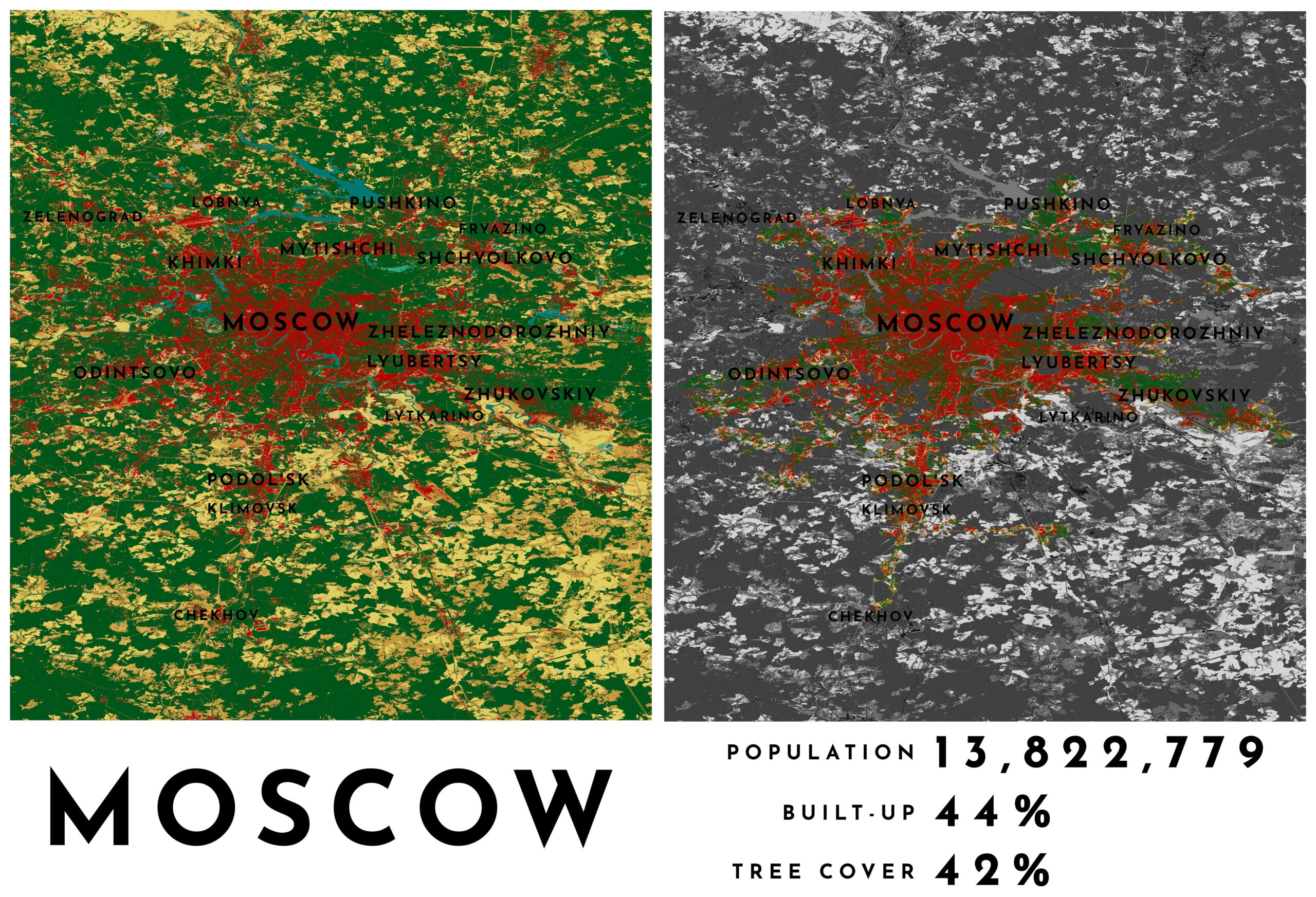 Map showing the city with results of population, built-up, and tree cover. Map showing the city with results of population, built-up, and tree cover.