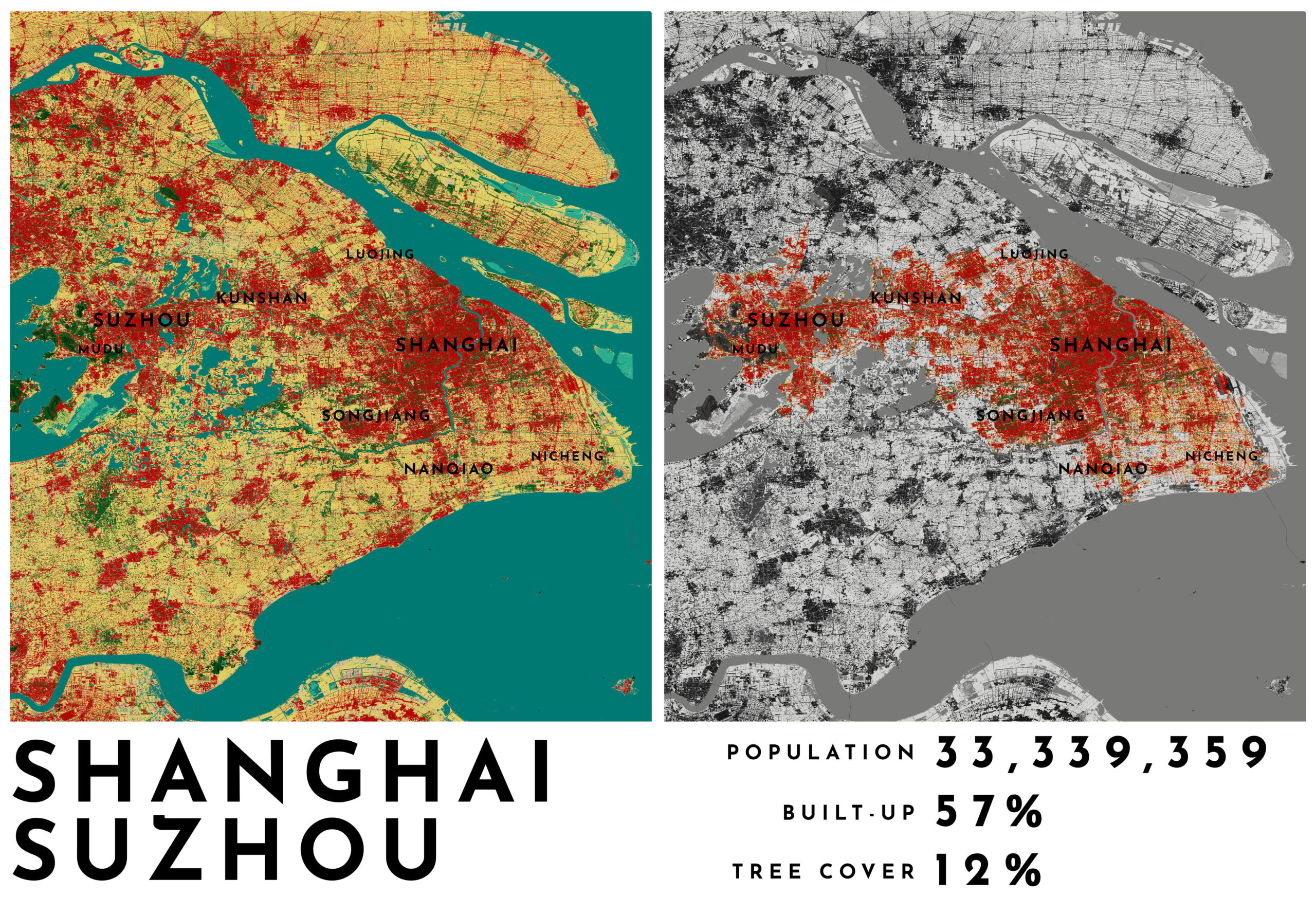 Map showing the city with results of population, built-up, and tree cover. Map showing the city with results of population, built-up, and tree cover.