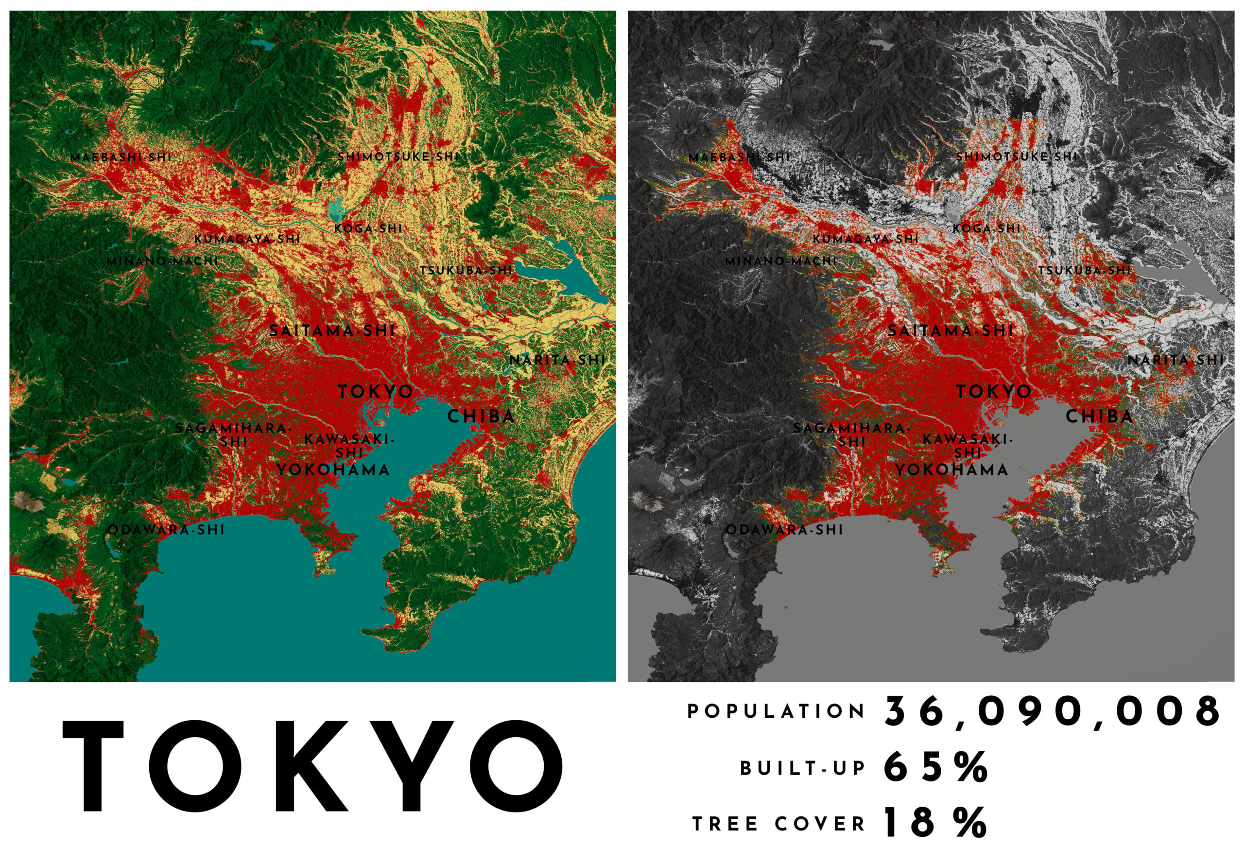 Map showing the city with results of population, built-up, and tree cover.