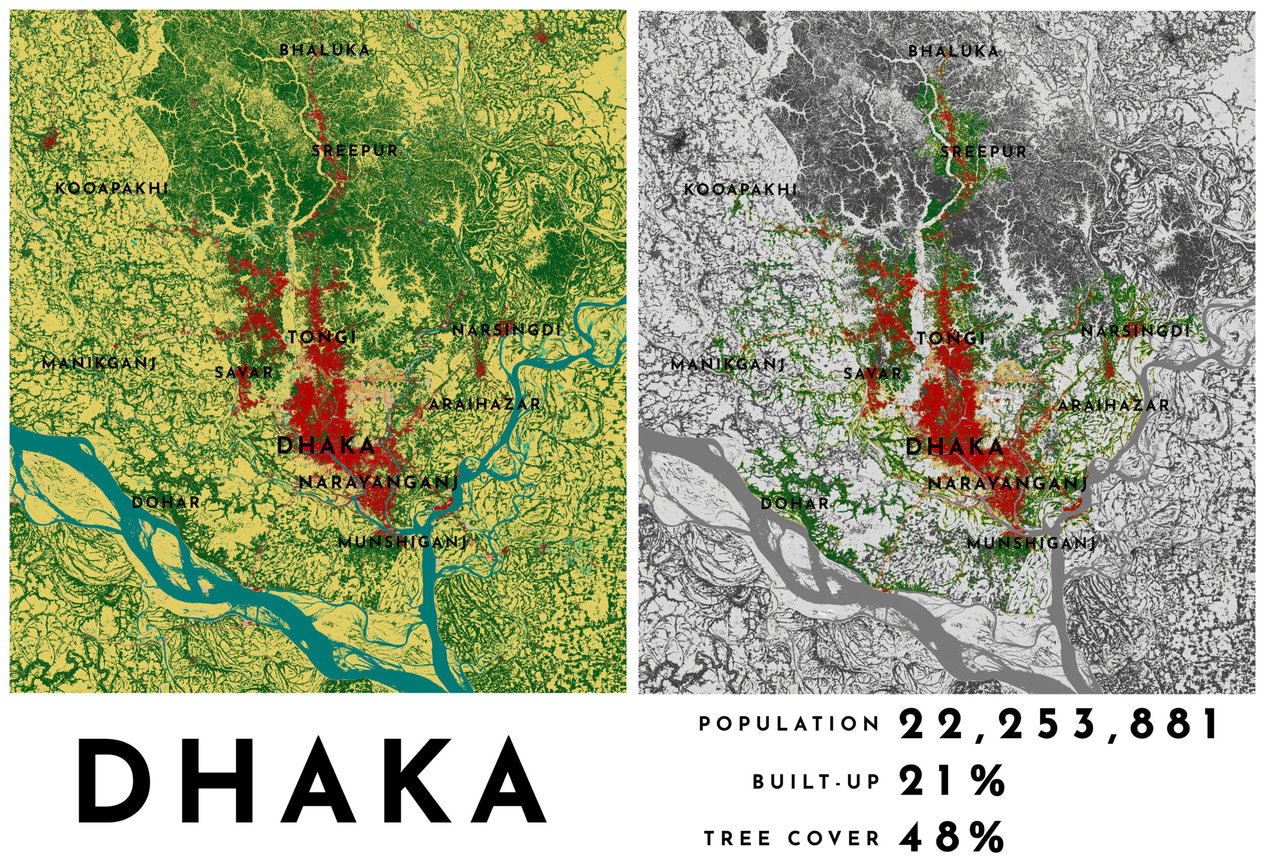 Map showing the city with results of population, built-up, and tree cover. Map showing the city with results of population, built-up, and tree cover.