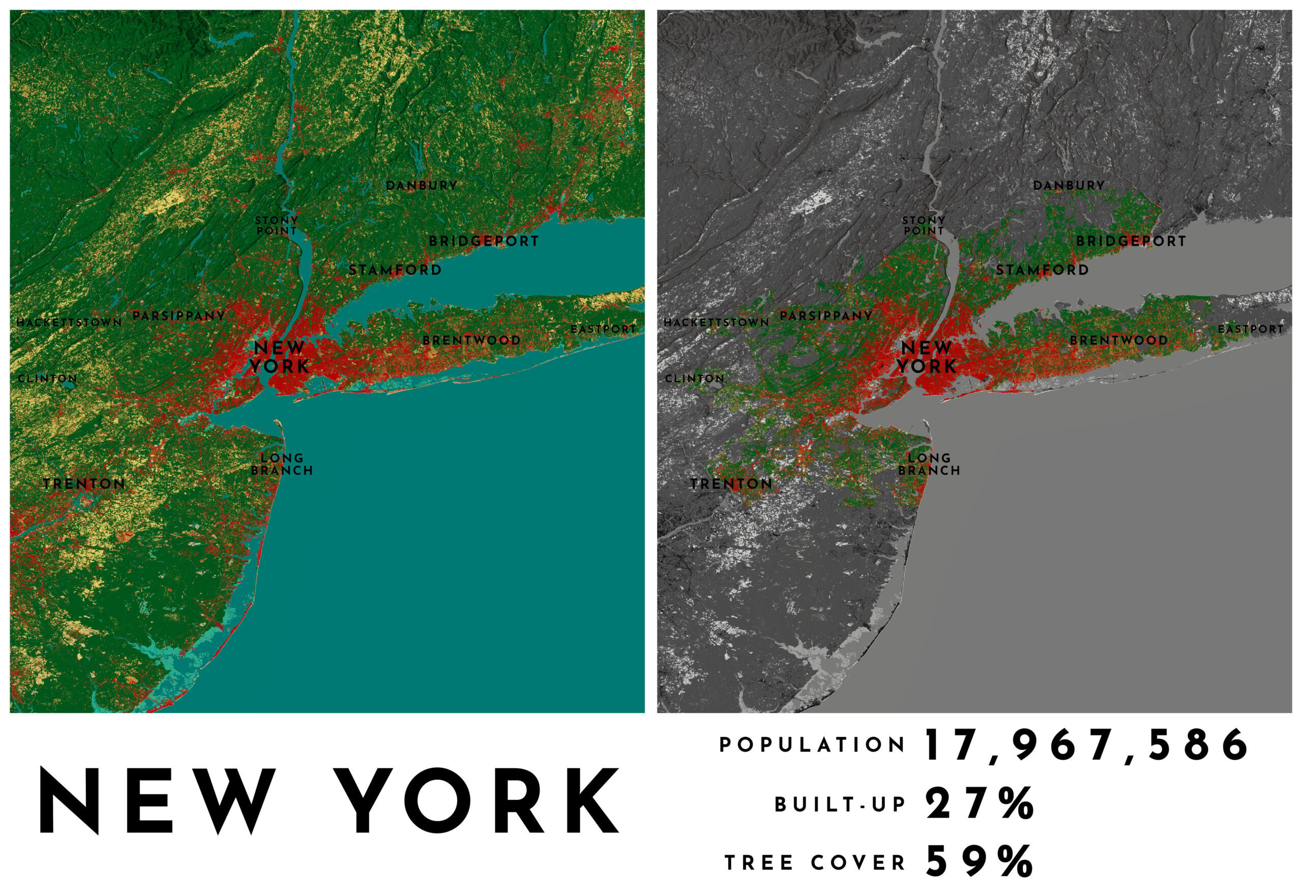 Map showing the city with results of population, built-up, and tree cover.