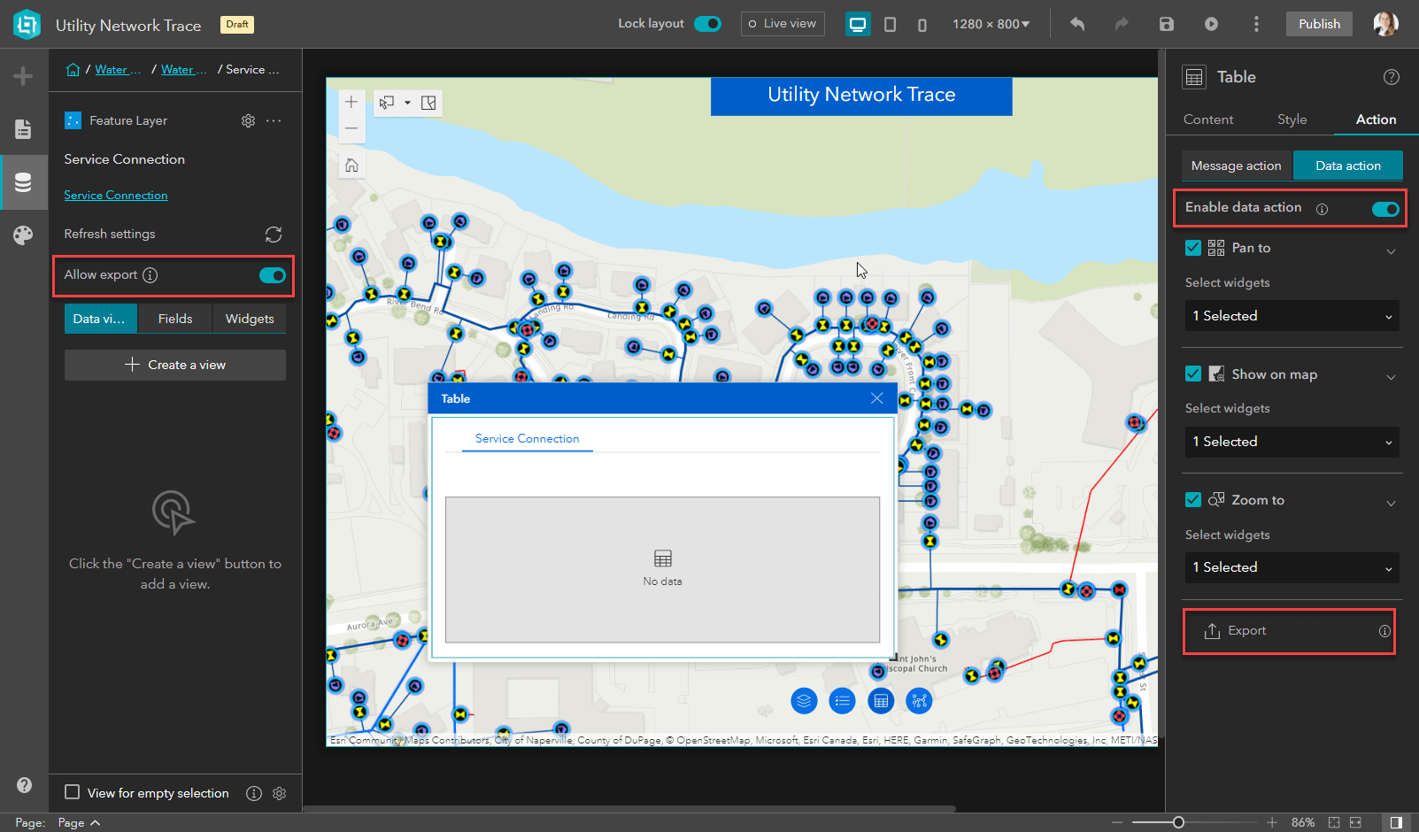 Enable data action in the Table widget to allow exporting the selected features.