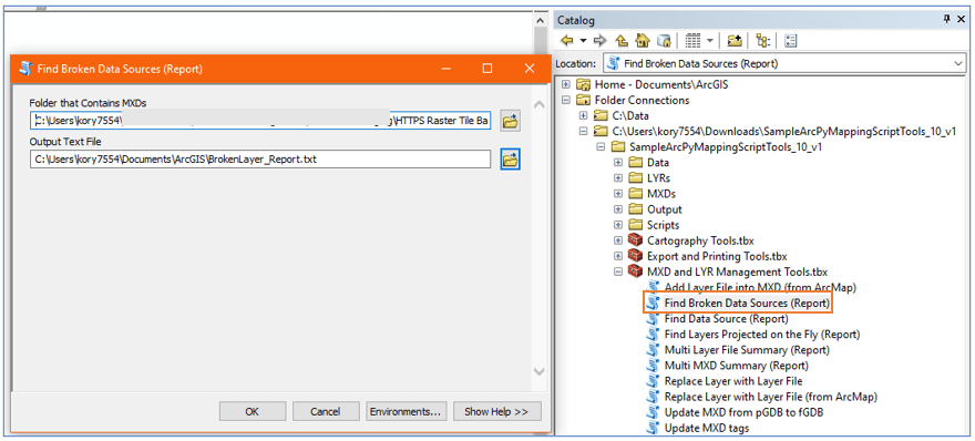The find broken data sources (report) tool is part of the MXD and LYR Management toolbox The find broken data sources (report) tool is part of the MXD and LYR Management toolbox