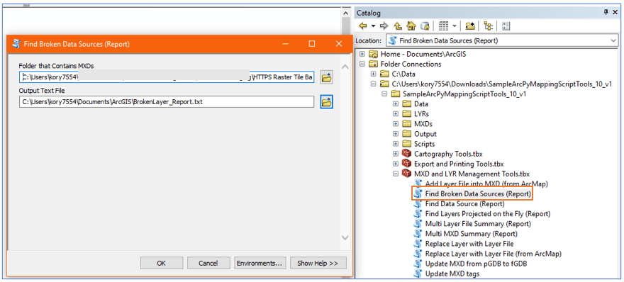 The find broken data sources (report) tool is part of the MXD and LYR Management toolbox