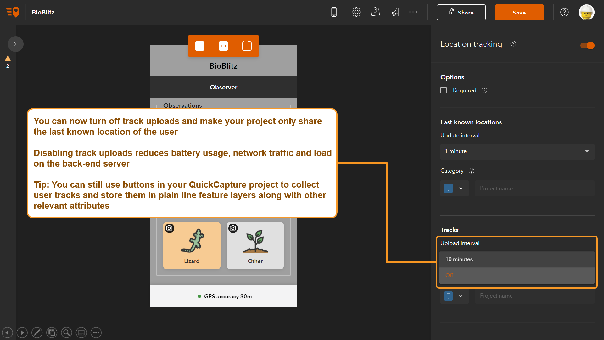 Disable location tracks right from designer - novedades en ArcGIS QuickCapture