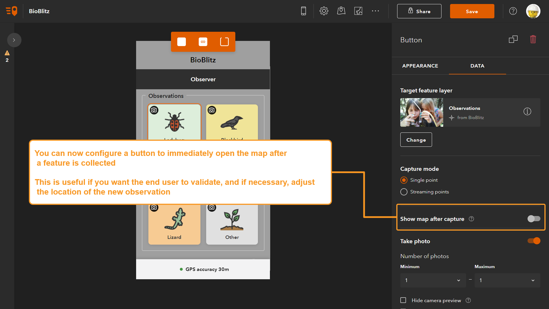 configure your quickcapture button to always show a map after capture - novedades en ArcGIS QuickCapture