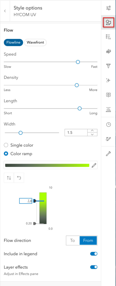 User interface for controlling the look of the flow maps