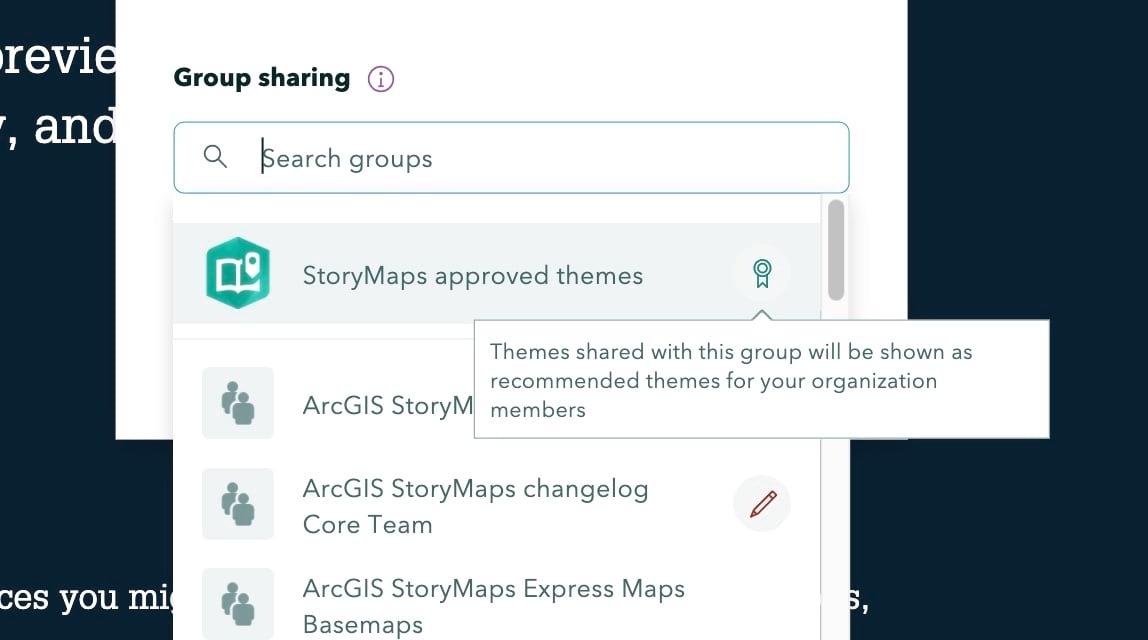 Group sharing settings when publishing a theme
