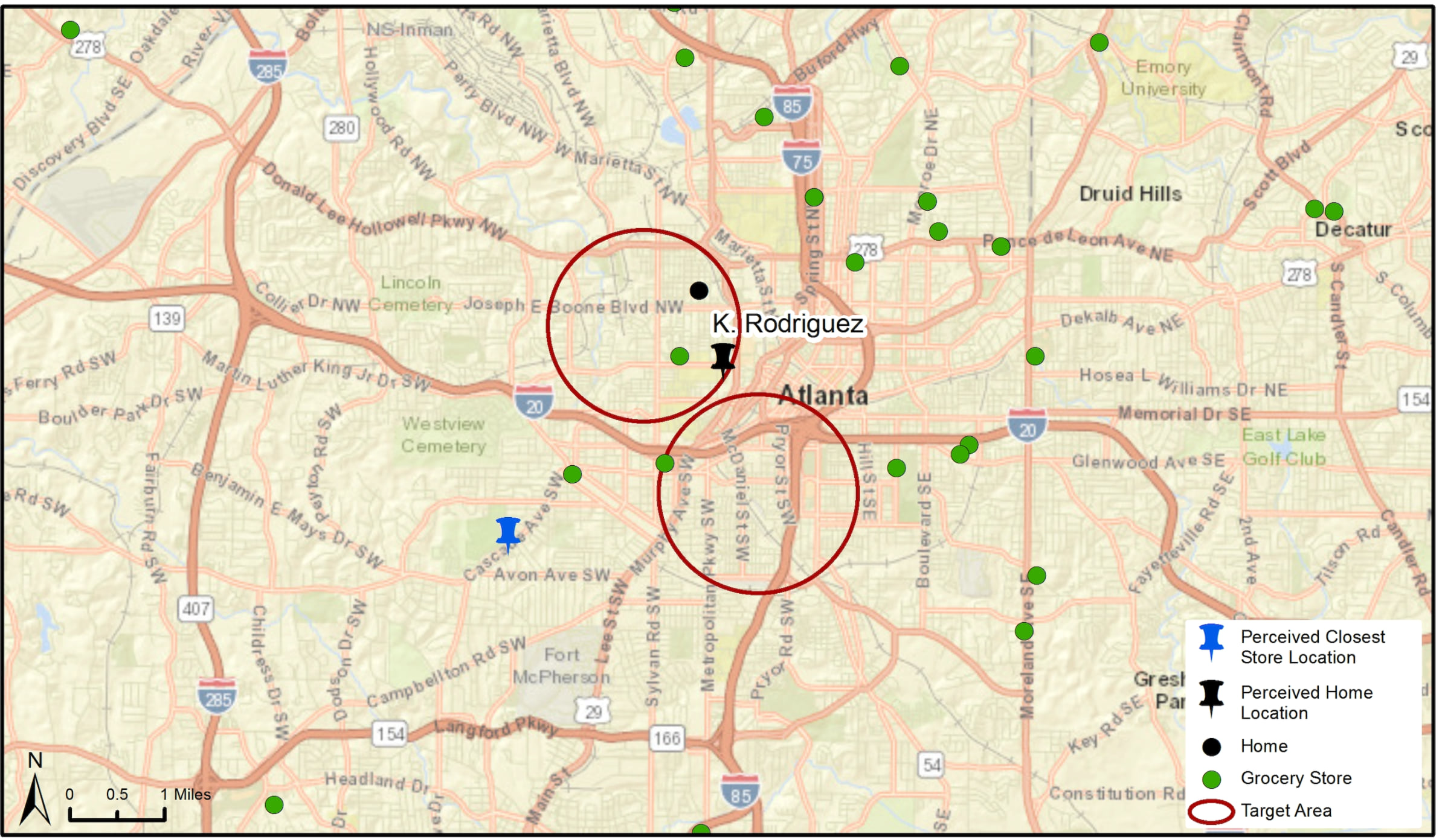 Map of Atlanta neighborhood participant’s perceived store location (blue pin) and home location (black pin), alongside there actual home location (black dot) and local grocery stores (green dots)