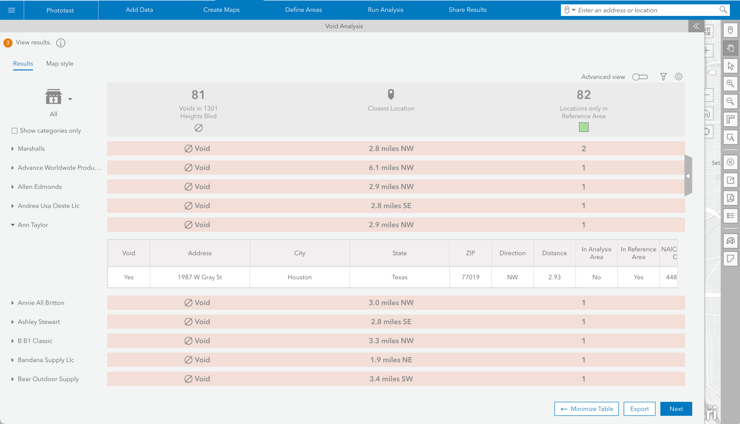 Void Analysis Results table default view