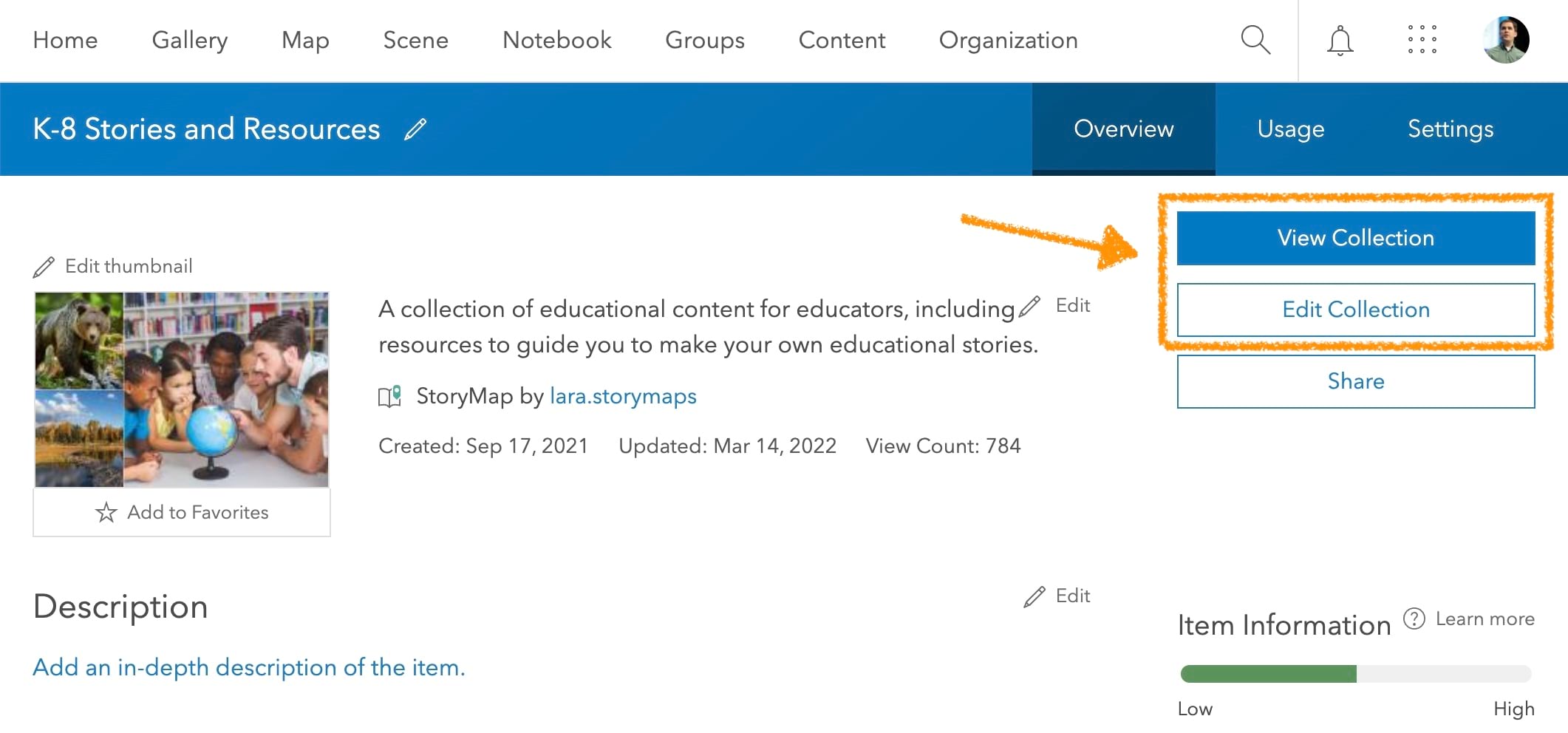 ArcGIS item page for a StoryMap collection ArcGIS item page for a StoryMap collection