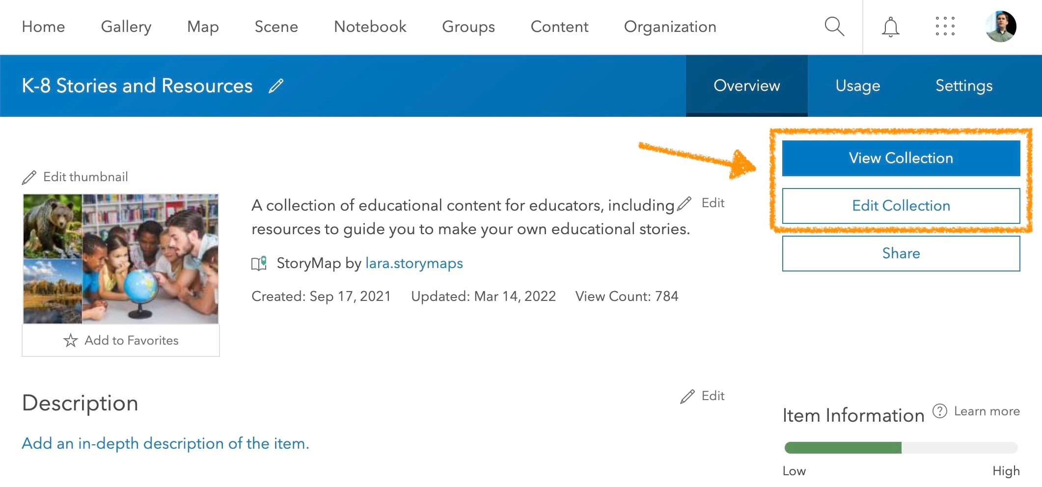 ArcGIS item page for a StoryMap collection