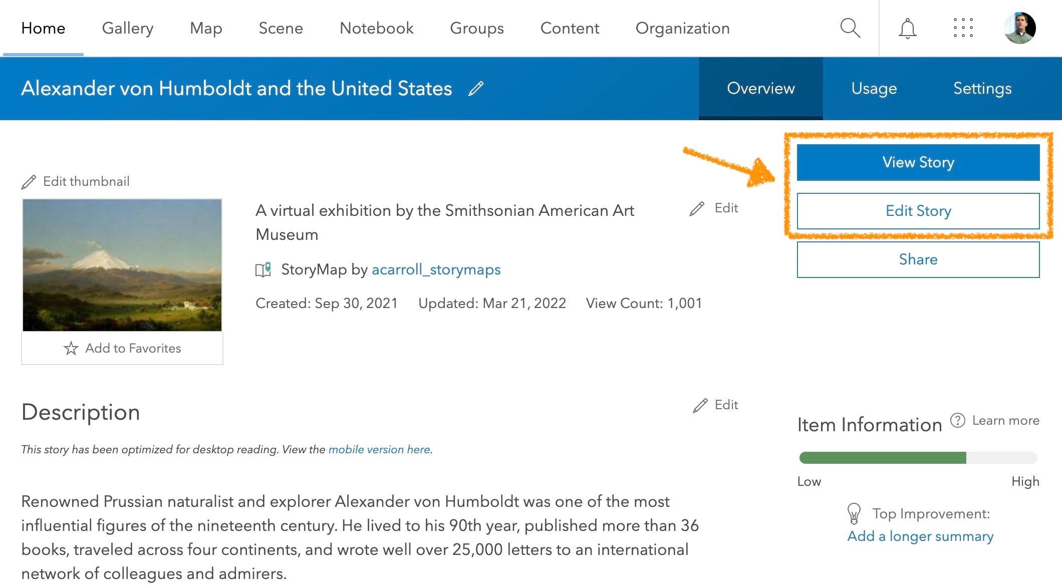 StoryMap item page showing a story StoryMap item page showing a story