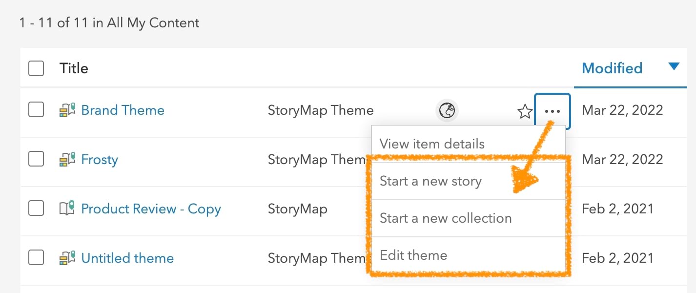 StoryMap Theme action menu items on the Content page