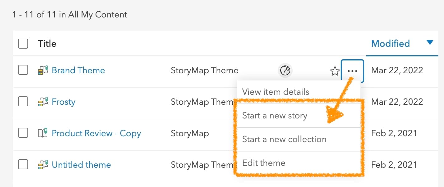 StoryMap Theme action menu items on the Content page StoryMap Theme action menu items on the Content page