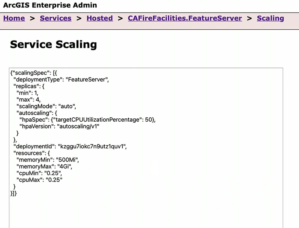 This image shows the service scaling for the hosted feature service the load test will be using.