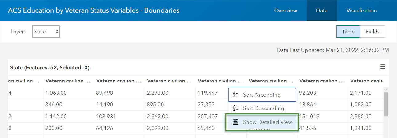 When clicking on a field, the options Sort Ascending, Sort Descending, and Show Detailed View appear. Show Detailed View is highlighted. When clicking on a field, the options Sort Ascending, Sort Descending, and Show Detailed View appear. Show Detailed View is highlighted.