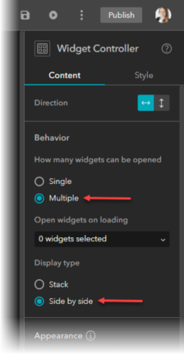 Configure settings for the Widget Controller to display multiple widgets side by side.