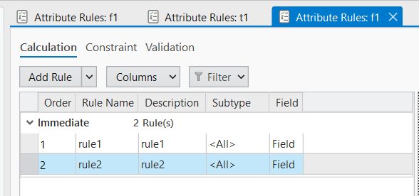 The attribute rules grid view