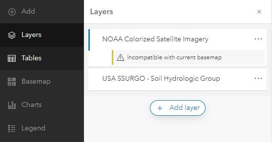 Image showing error message "Incompatible with current basemap" Image showing error message "Incompatible with current basemap"