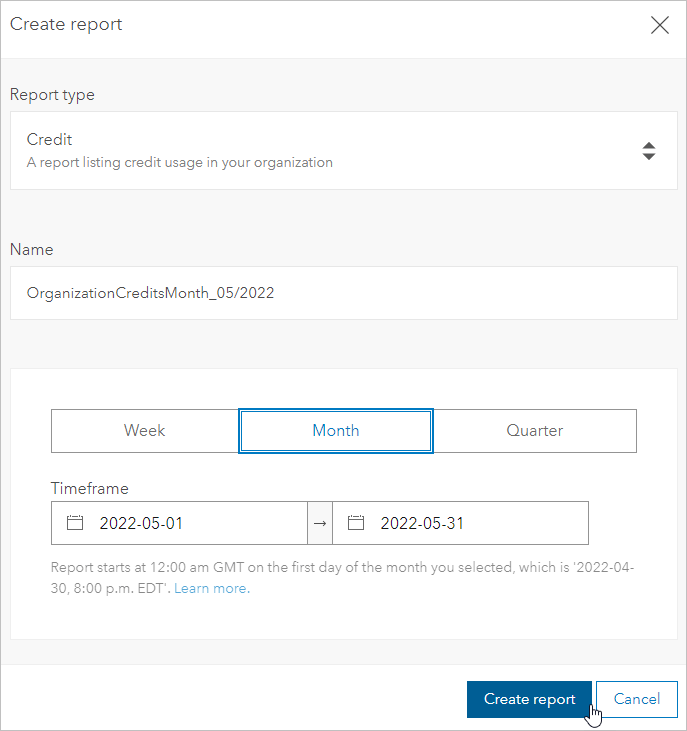 Create report window with Credit report parameters selected and Create report button selected