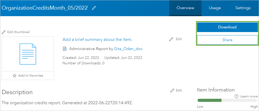 Item page with Download and Share buttons highlighted