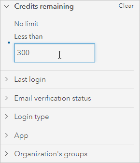 Credits remaining filter expanded with Less than 300 entered Credits remaining filter expanded with Less than 300 entered