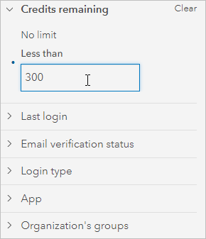 Credits remaining filter expanded with Less than 300 entered