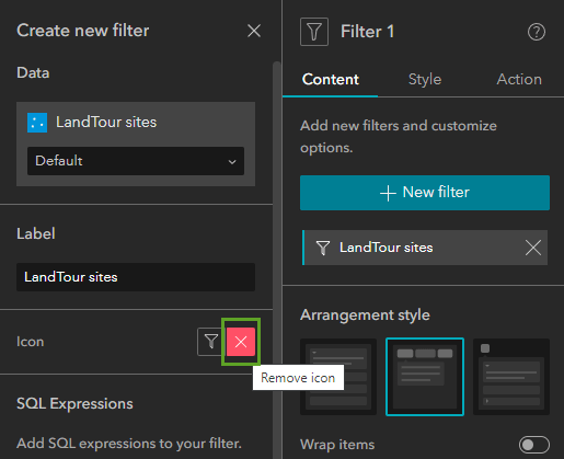 Remove icon button identified with a green box in the Create new filter panel