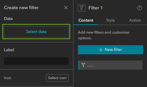 Filter widget settings with the Select data button highlighted