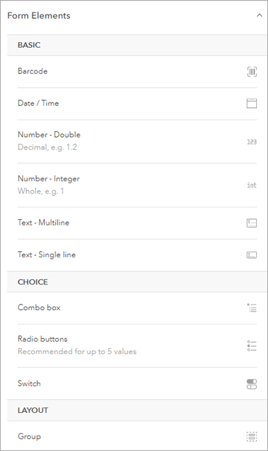 Form elements list