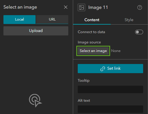 Image settings with Select an image button that opens respective panel