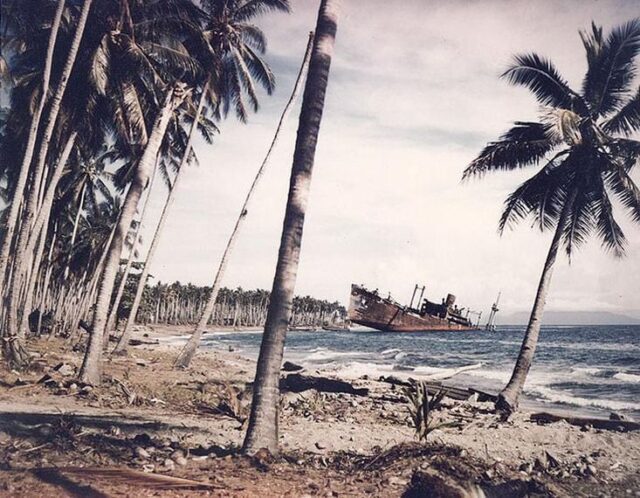 The bow of a ship protrudes from the water at an awkward angle just off the shore of a tropical island