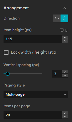 Arrangement section of the List widget settings