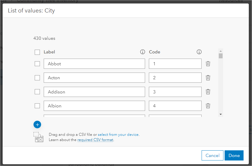 Upload a CSV to populate the list of values