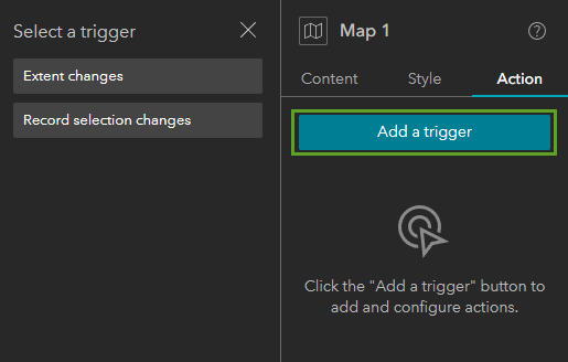 Action tab of the Map widget settings with Add a trigger button that opens the Select a trigger panel